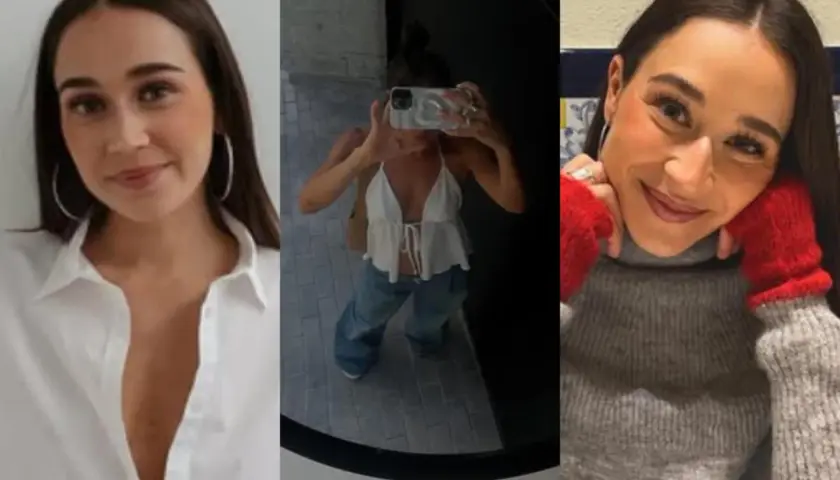 Olga Ríos en tres momentos: sonriendo con camisa blanca, selfie en espejo con top blanco y jeans, y con suéter gris y guantes rojos.