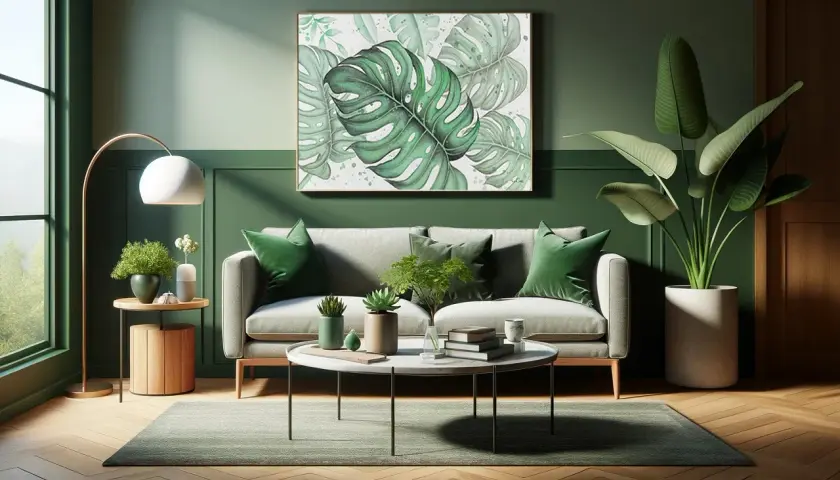 Sofá gris y cojines verdes crean un ambiente sereno. El arte de hojas tropicales y plantas vivas realzan la combinación de verde y gris.