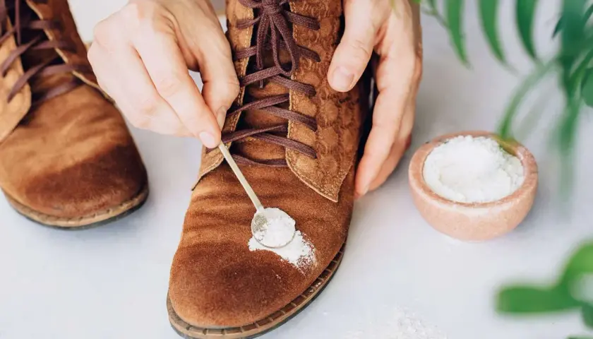 Manos aplicando polvo blanco con una cuchara sobre un zapato de gamuza marrón.