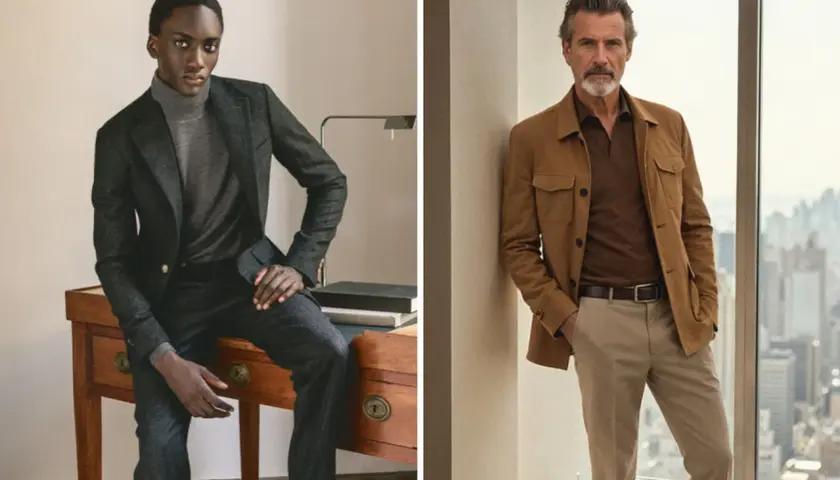 Dos hombres lucen estilos business casual: uno con traje gris y cuello alto, el otro con chaqueta marrón y polo.