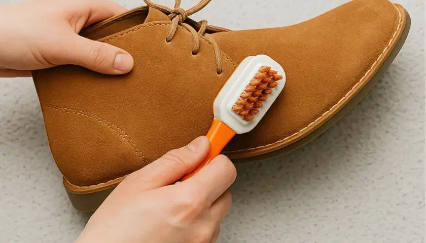 Manos cepillando un zapato de ante marrón. Aprende como limpiar zapatos de antelina para mantenerlos como nuevos.