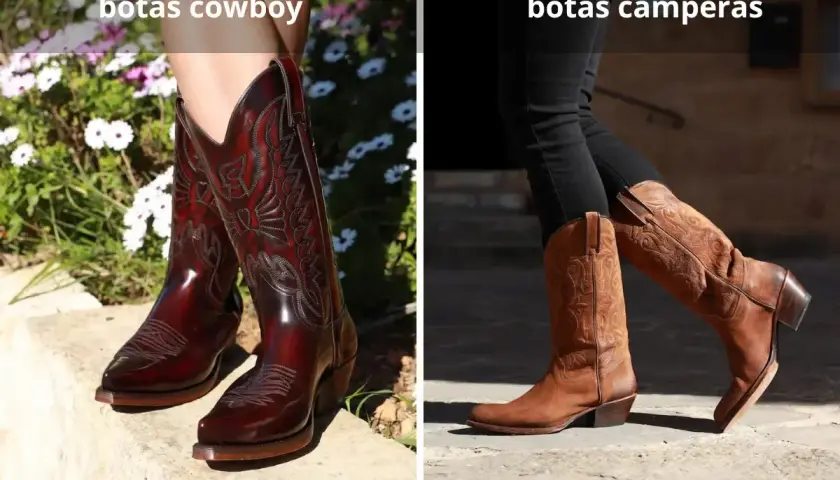 Diferencia entre botas y botines: botas cowboy rojas y brillantes junto a botas camperas marrones de ante.