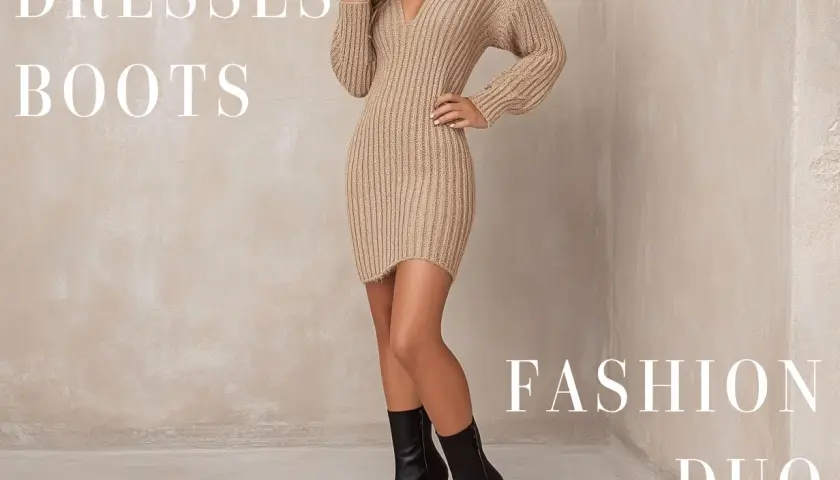 Mujer luce un vestido corto de punto color camel con botas altas negras, un dúo de moda perfecto para cualquier ocasión.
