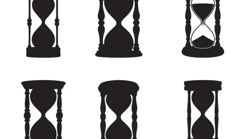 Seis siluetas de relojes de arena, algunos con arena cayendo, evocan el paso del tiempo y la forma de un cuerpo reloj de arena.