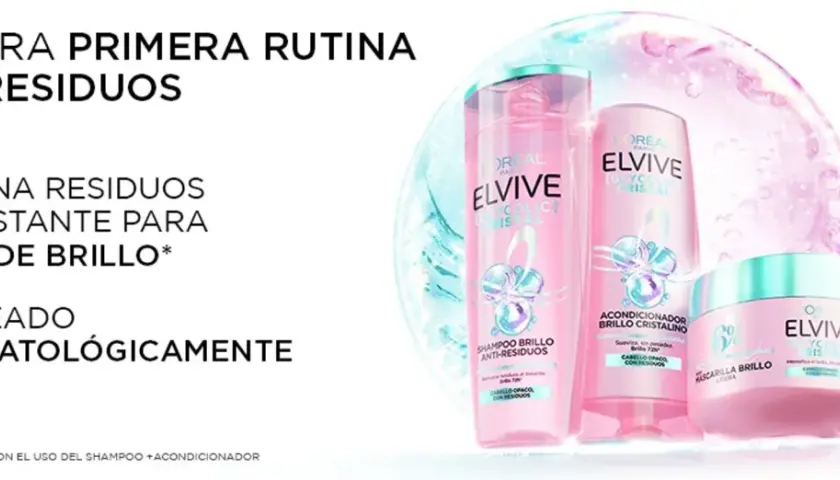 Rutina anti-residuos Elvive para un pelo brillante por 72 horas. Champú, acondicionador y mascarilla.