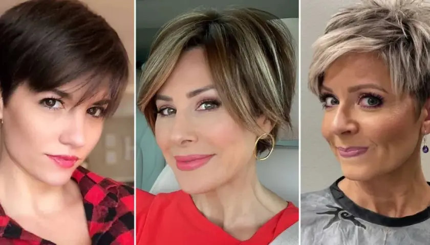 Tres mujeres con un moderno corte pixie. La primera, con pelo oscuro y flequillo. La segunda, con mechas rubias y volumen. La tercera, con un rubio desgastado y capas.