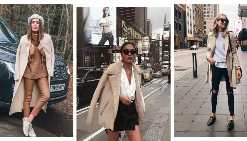 Tres mujeres con looks casuales y elegantes. Una posa junto a un coche, otra en Times Square y la tercera en una calle urbana.