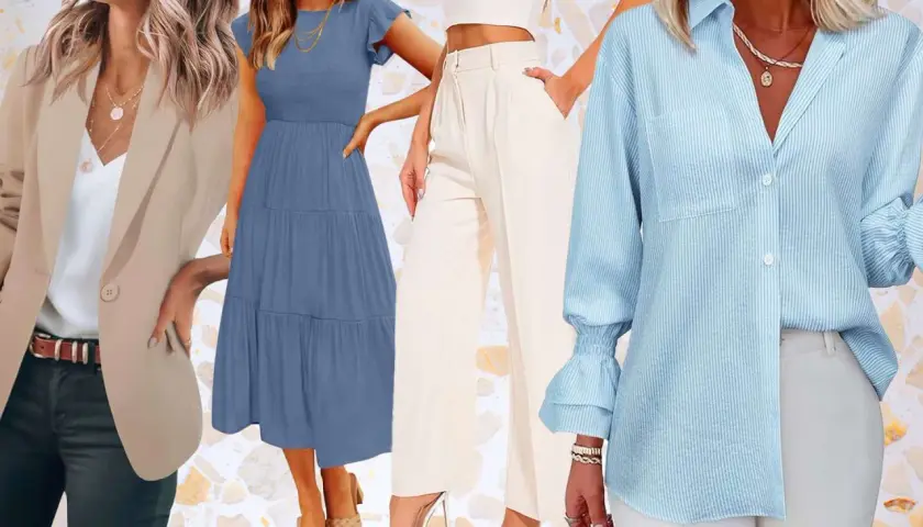 Conjunto de mujer con blazer beige, vestido azul, pantalones crema y camisa a rayas celestes. Ideal para un dress code business casual mujer.