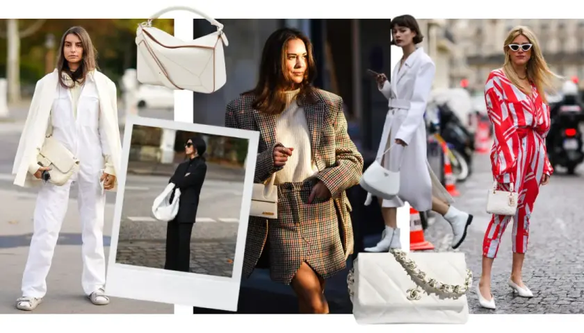 Estilos de moda callejera con un bolso blanco como accesorio clave. Looks que combinan bolso blanco con trajes, vestidos y conjuntos.