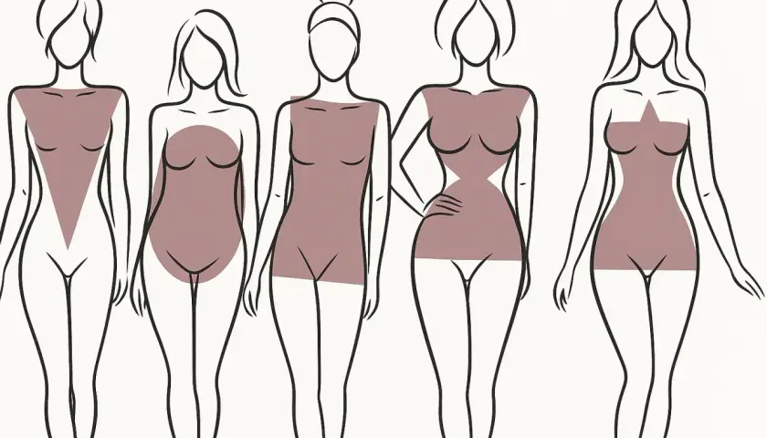 Ilustración de cinco siluetas femeninas que muestran diferentes tipos de piernas mujer y formas corporales: triángulo invertido, óvalo, rectángulo, reloj de arena y triángulo.