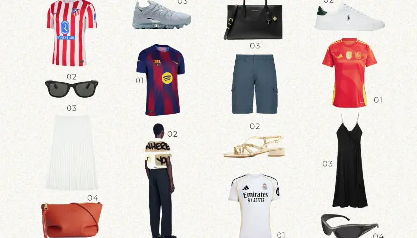 Estilo blokecore: camisetas de fútbol, zapatillas deportivas, bolso negro, falda blanca plisada, sandalias doradas y un vestido negro.