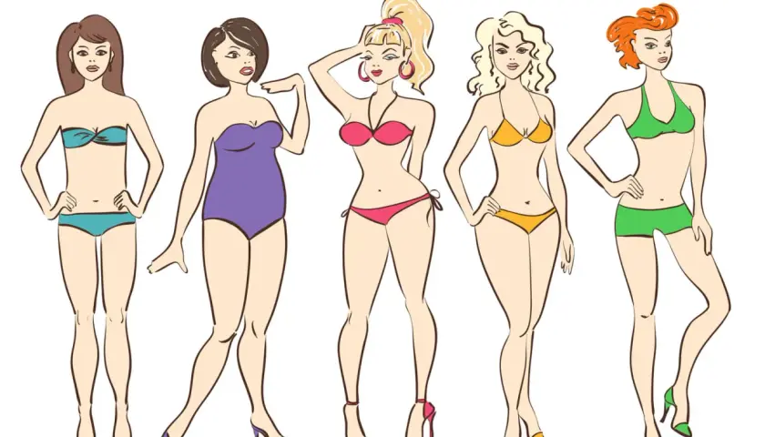Cinco mujeres en traje de baño, cada una con una figura diferente, incluyendo una con curvas pronunciadas.