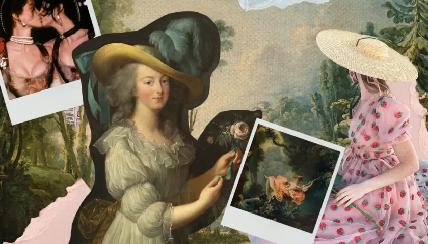 Collage con estética estilo cottagecore: retratos antiguos, un cuadro de una mujer en un columpio y una mujer con vestido de fresas.