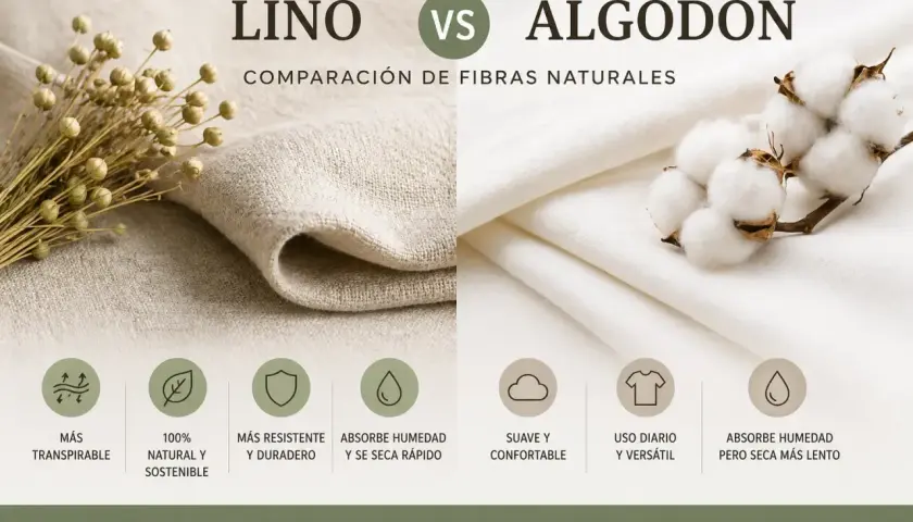 Comparación de tipos de lino y algodón. El lino es transpirable, natural, duradero y de secado rápido. El algodón es suave, cómodo y de secado lento.