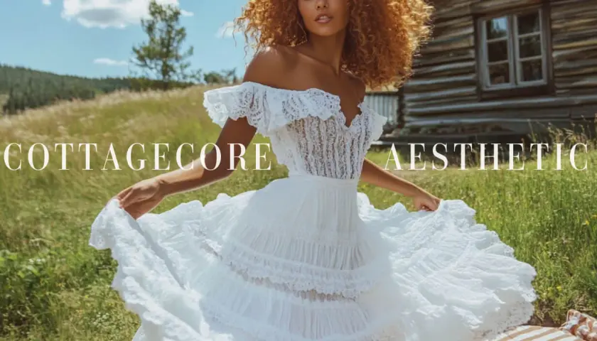 Mujer con vestido blanco voluminoso en un prado verde, con una cabaña de madera al fondo. Estética cottagecore.