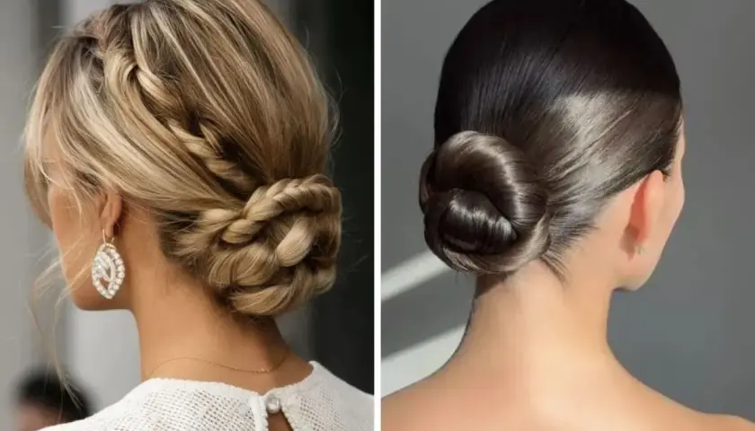 Dos moños bajos elegantes: uno trenzado rubio y otro liso oscuro.