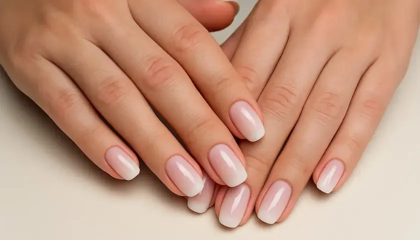 Manos con manicura rusa impecable, luciendo un degradado suave de rosa a blanco.