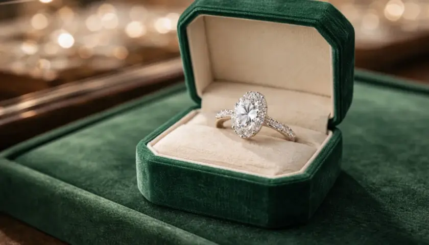 Anillo de compromiso ovalado con diamantes, uno de los tipos de anillo de compromiso más populares, en su caja de terciopelo verde.