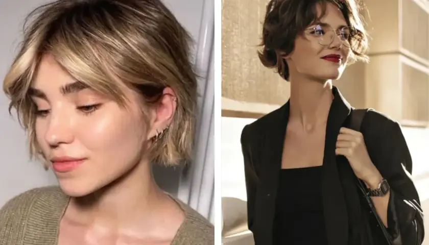 Dos mujeres con un moderno corte bixie. Una luce un estilo rubio desordenado, la otra un castaño ondulado con gafas.