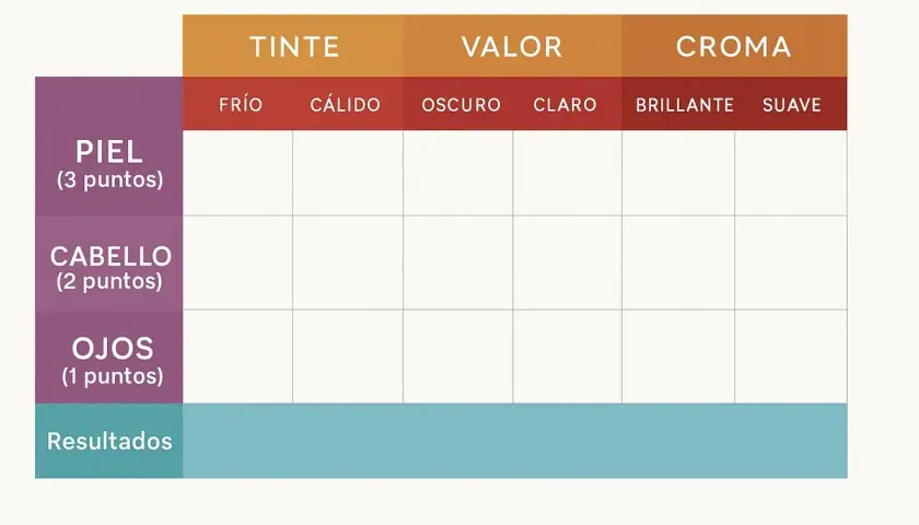 Tabla para análisis de colorimetría: Tinte (frío/cálido), Valor (oscuro/claro), Croma (brillante/suave) para piel, cabello y ojos.