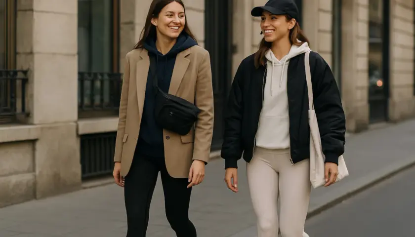 Dos mujeres pasean con estilo athleisure. Una lleva un blazer camel, sudadera azul marino y riñonera. La otra, gorra negra, bomber negra y sudadera crema.