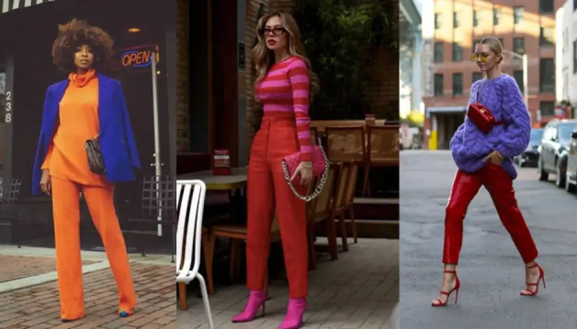 Tres mujeres lucen atuendos vibrantes. Una lleva naranja y azul, otra rosa y rojo, y la tercera morado y rojo. ¡Excelentes combinaciones de colores que combinan con el rosa!