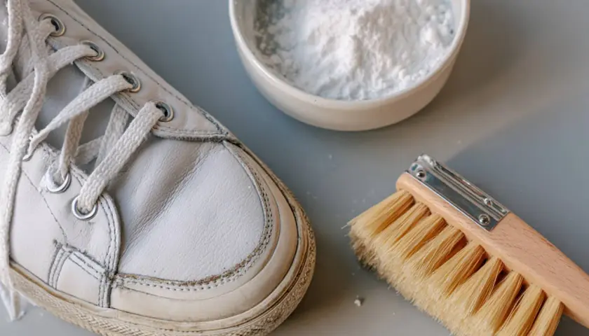 Herramientas para limpiar botines blancos: un zapato, un cepillo y un cuenco con polvo blanco.