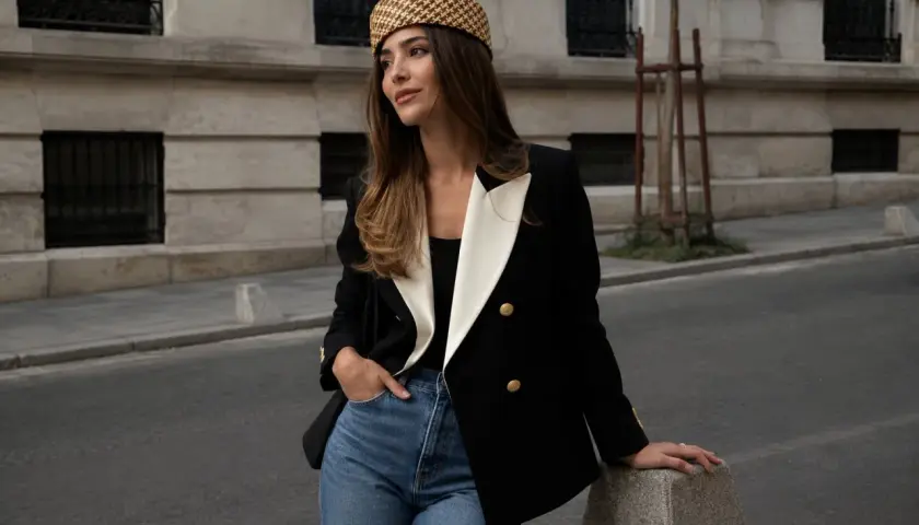 Mujer con un elegante bléiser negro y blanco, jeans y sombrero a cuadros, apoyada en un poste de concreto en la calle.