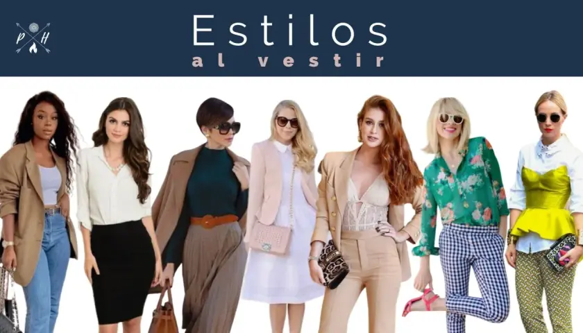 Ocho mujeres muestran diferentes tipos de estilos de vestir, desde casual hasta formal, con trajes y accesorios variados.