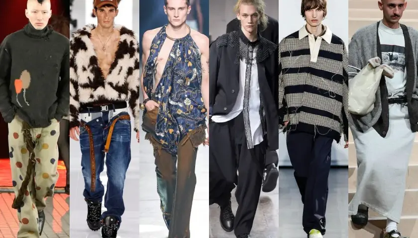 Modelos con looks de estilo grunge: suéteres rotos, estampados de vaca, pantalones anchos y accesorios llamativos.