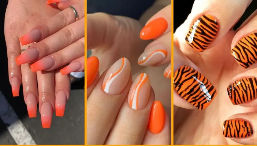 Uñas naranjas para el verano: degradado, con líneas blancas y naranjas, y diseño de tigre. ¡Perfectas para lucir radiante!