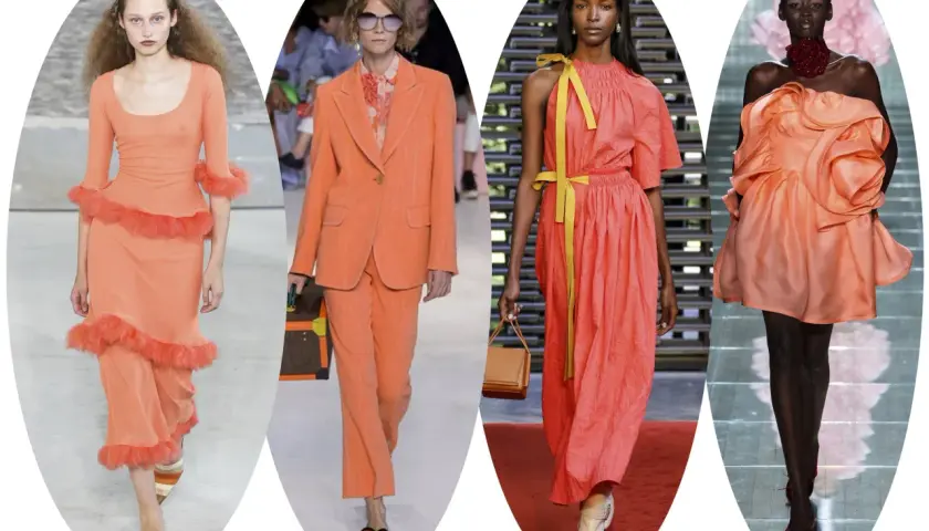 Modelos desfilan con atuendos en color coral oscuro, desde vestidos vaporosos hasta trajes elegantes, mostrando la versatilidad de este tono vibrante.