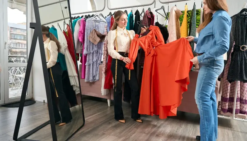 Dos mujeres discuten el outfit significado de un vestido naranja vibrante en una boutique.