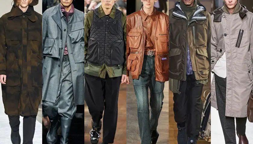 Modelos desfilan con abrigos y chalecos de estilo workwear, con múltiples bolsillos y texturas.