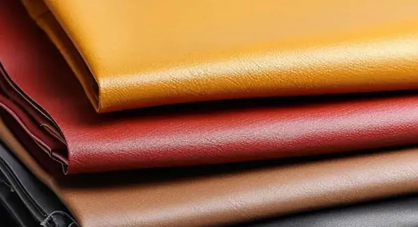 Apilamiento de muestras de cuero pu vegano en tonos ocre, rojo, marrón y negro.