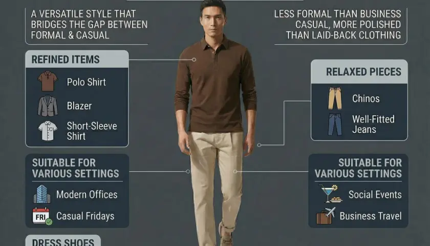 Hombre con vestimenta smart casual: polo marrón, chinos beige y mocasines. Ideal para oficinas modernas y eventos sociales.