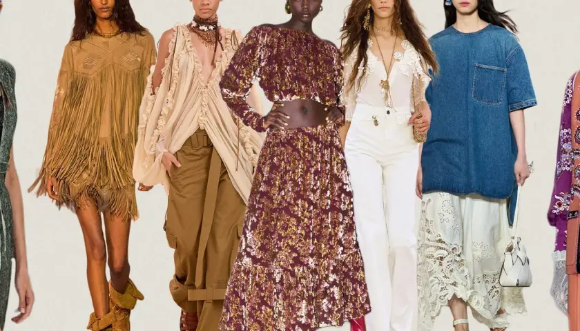 Desfile de lloyds mujer con looks bohemios y modernos: flecos, encaje, denim y estampados vibrantes.