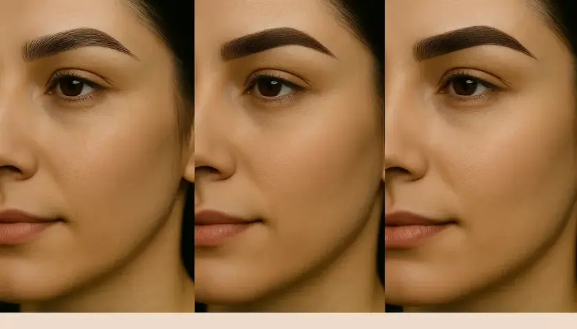 Tres miradas de una mujer con cejas tatuadas, mostrando diferentes estilos y resultados.