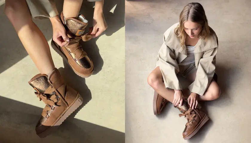 Manos atando cordones de botas serraje beige con detalles metalizados. Aprende como limpiar botas serraje beige.