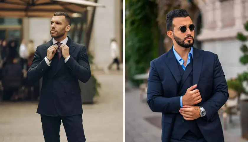 Dos hombres con trajes oscuros, listos para un evento de dress code cocktail hombre. Uno ajusta su corbata, el otro luce gafas de sol.