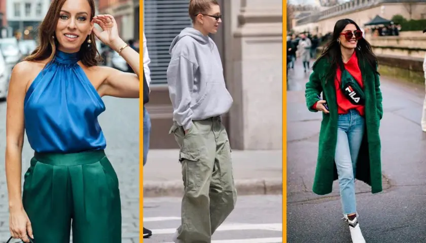 Tres mujeres lucen estilos urbanos. Una lleva un top azul y pantalones verdes, otra un conjunto gris y cargo, y la tercera un abrigo verde con rojo. Demuestran colores que combinan con el verde.