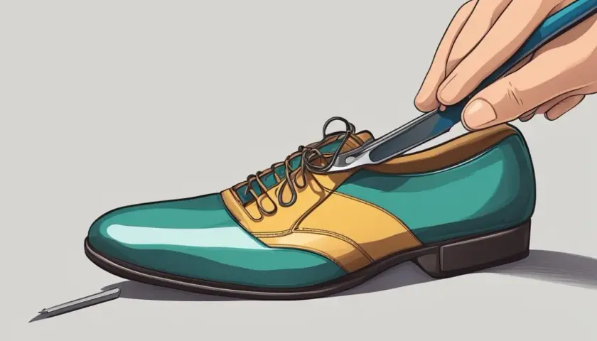 Herramienta para ensanchar zapatos de dos tonos, verde azulado y amarillo, con un zapato de vestir.