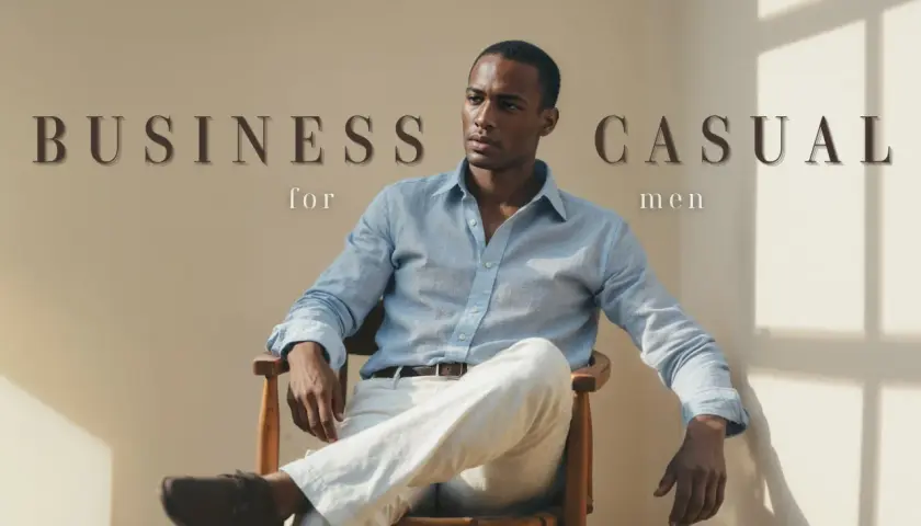 Hombre con camisa azul claro y pantalones blancos, luciendo un estilo business casual.