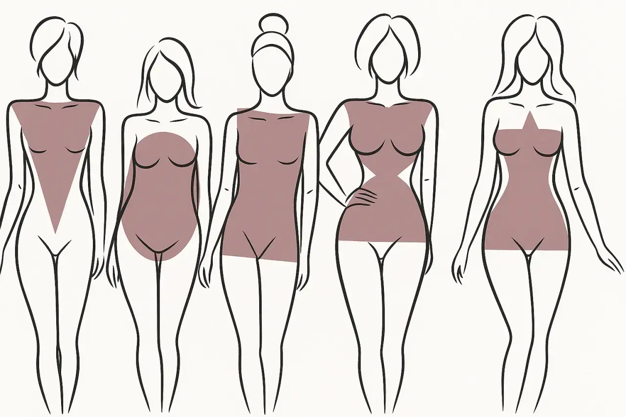 Siluetas femeninas con formas de cuerpo: triángulo invertido, óvalo, rectángulo, reloj de arena y estrella.