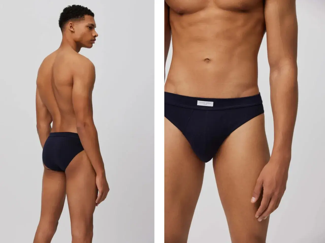 Hombre en perfil mostrando un slip azul marino. Primer plano del mismo slip, con etiqueta.
