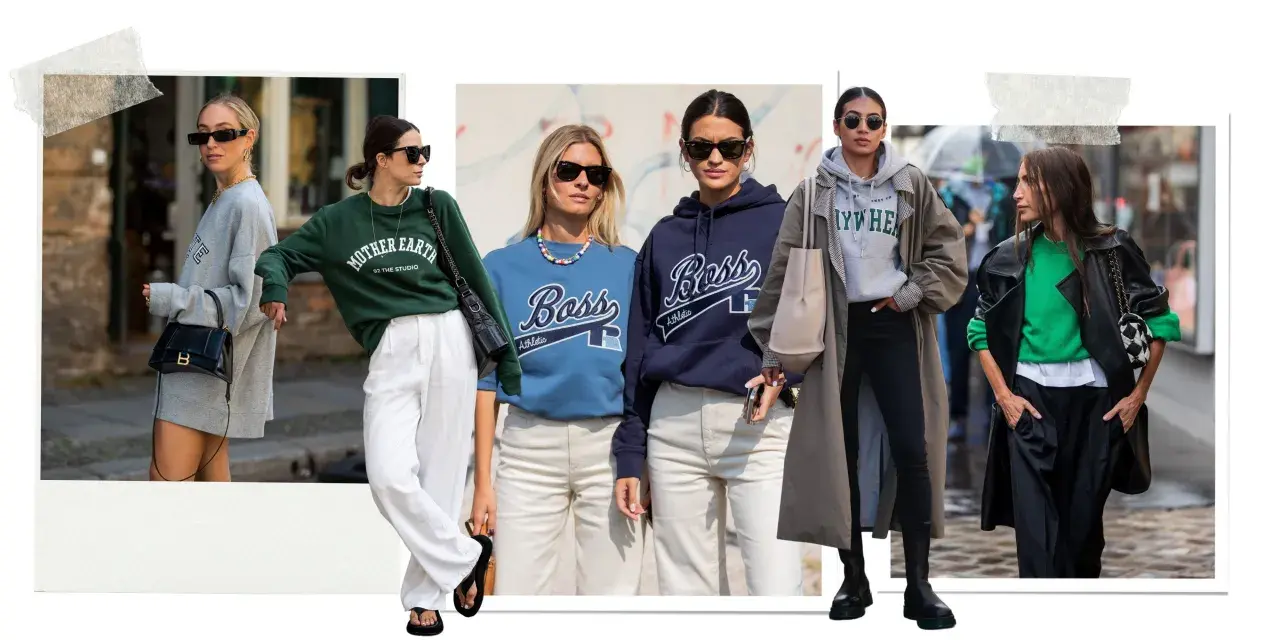 Mujeres con estilo lucen un **hoodie** gris, verde, azul y marino, combinados con pantalones y abrigos.