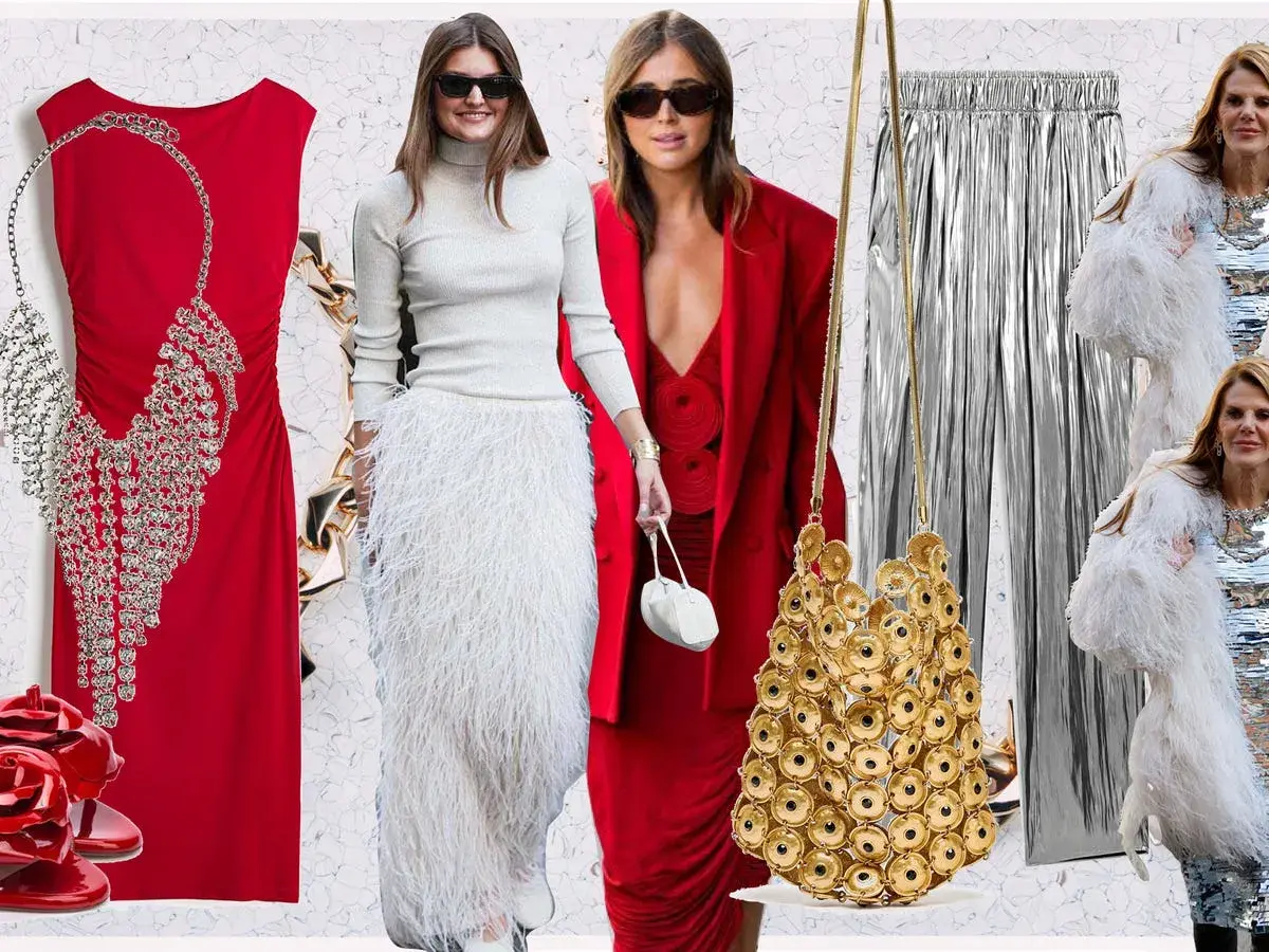 Ideas para como vestir en Noche Vieja: vestidos rojos, faldas de plumas, pantalones plateados y accesorios brillantes.