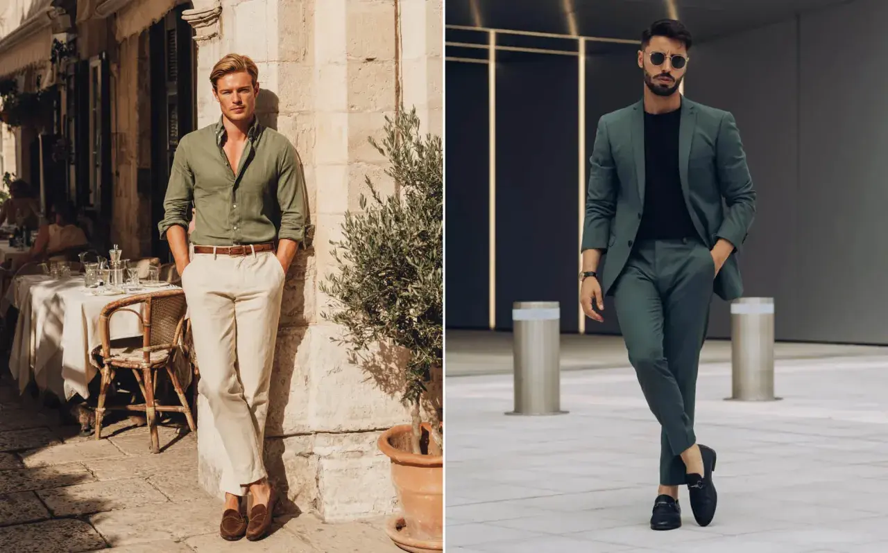 Dos hombres lucen elegantes. Uno con camisa verde y pantalones beige, el otro con traje verde. Verde y marrón combinan a la perfección.
