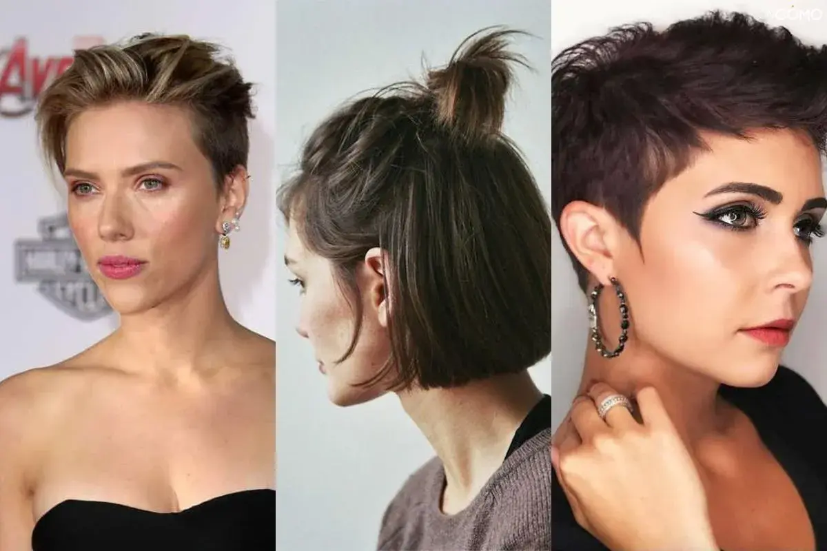 Tres estilos de peinados pelo corto: pixie, moño alto y bob.