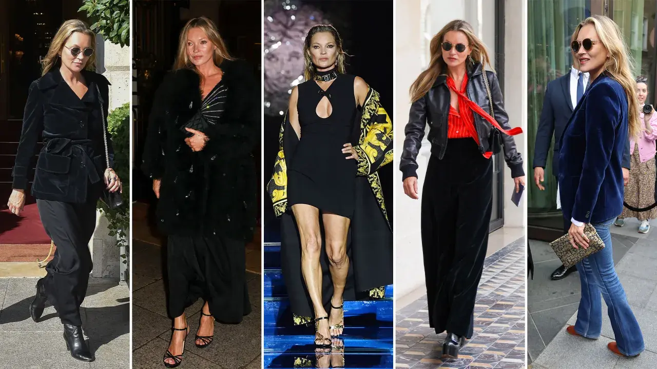 Kate Moss luce varios looks icónicos: elegante con terciopelo negro, glamurosa con abrigo de pelo, audaz en pasarela y chic con chaqueta de cuero y terciopelo azul.
